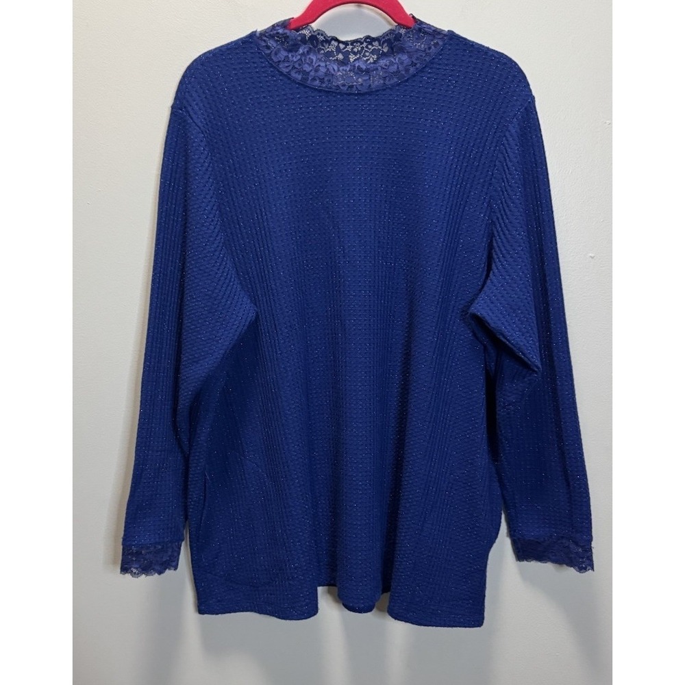 LOGO by Lori Goldstein Women 2X Top‎ Lace Royal Blue Sparkle Shimmer Waffle Knit